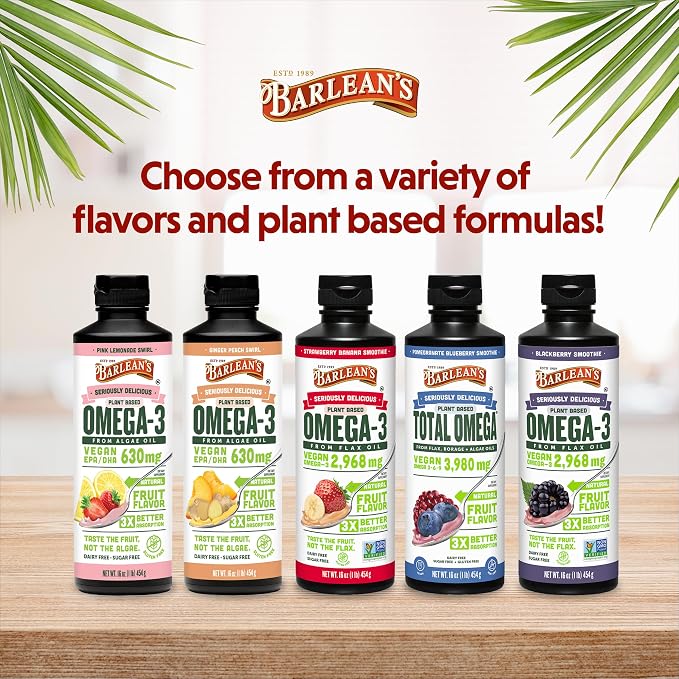 Barlean's Vegan Omega 3 6 9 Flaxseed, Borage and Algae Oil Liquid Supplement, Pomegranate Blueberry, 3,980 mg GLA, EPA and DHA Fatty Acid, Vegan, 16 oz