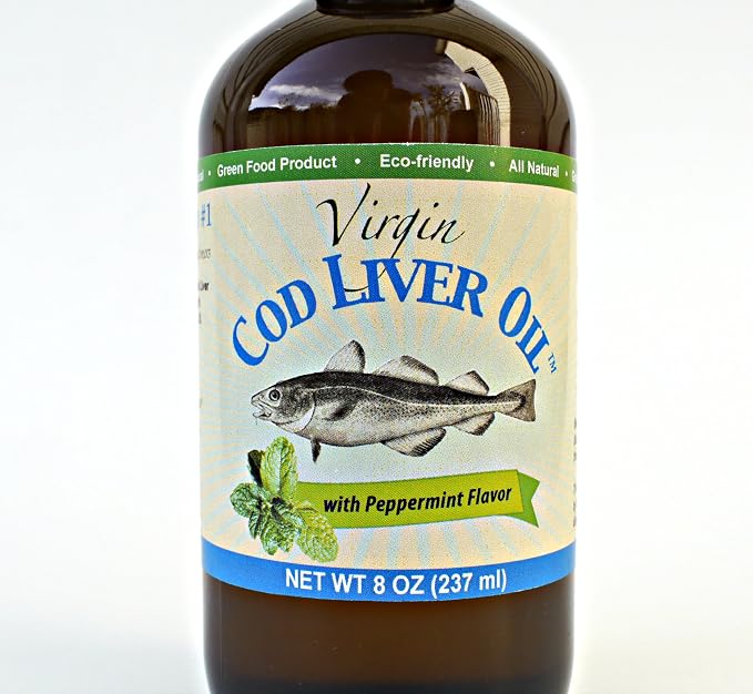 Virgin Cod Liver Oil - 8 Fl oz Natural, Wild Caught & Fresh Tasting,.High in Vitamin D, Omega 3 DHA/EPA (Peppermint Flavored)