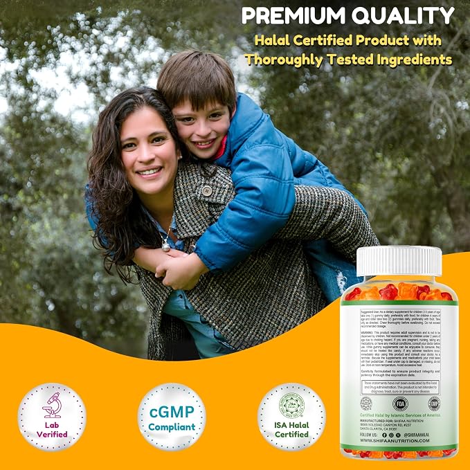 SHIFAA NUTRITION Halal Kids Multivitamin Gummies, 45-90 Days Supply, with All Essential Kids Vitamins. Toddler Vitamins with Vitamin C, D, Zinc, A, E, B6, B12, Biotin | Halal Gummies for Kids