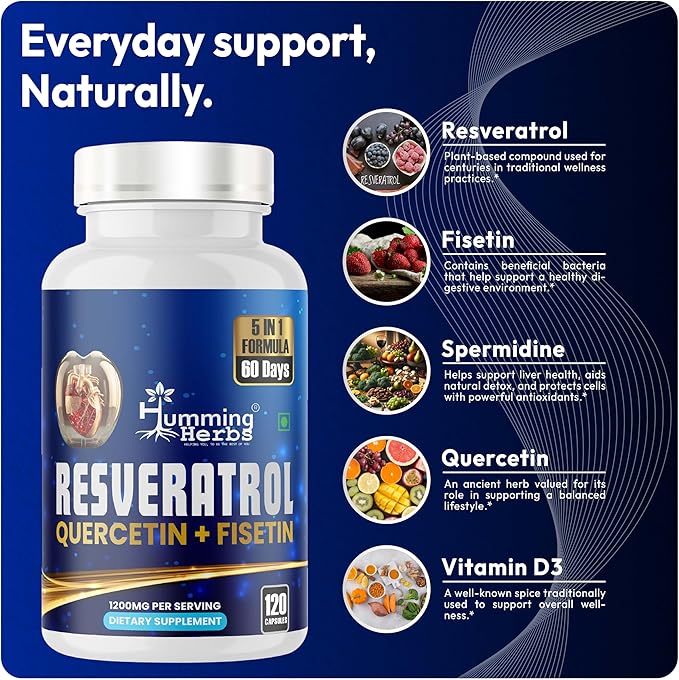 Humming Herbs Resveratrol Supplement— with Quercetin, Fisetin, Spermidine & Vitamin D3 — Antioxidant Support for Healthy Cellular Function - 1200 mg, 120 Vegan Capsules Non-GMO, Gluten-Free