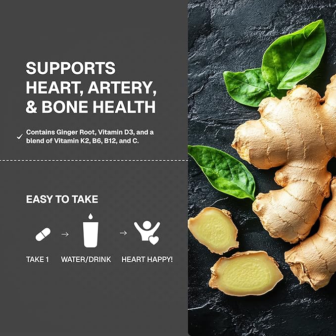 Weider Artery Health - Artery Flexibility & Heart Health - with Vitamin K2, D3 & Ginger - Bone & Immune Support* - Gluten Free & Vegan - 30 Veggie Capsules (Pack of 2)
