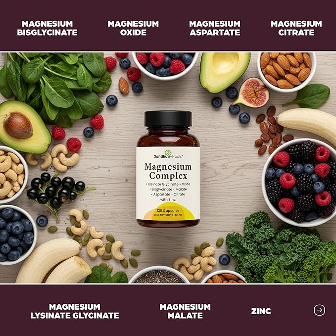 Complete Magnesium Complex 500mg for Women & Men | 120 Capsules | 6 in 1 Mag Supplement with Zinc | Quality Sleep & Muscle Health | Glycinate, Citrate, Malate, Oxide, Aspartate, Lysinate Glycinate