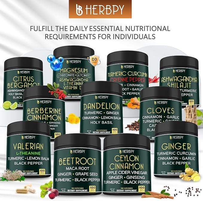 Herbpy 6in1 Premium Ceylon Cinnamon Supplement Plus Apple Cider Vinegar, Turmeric, Ginger, Ginseng - Weight Management, Digestion - 100 Vegan Capsules
