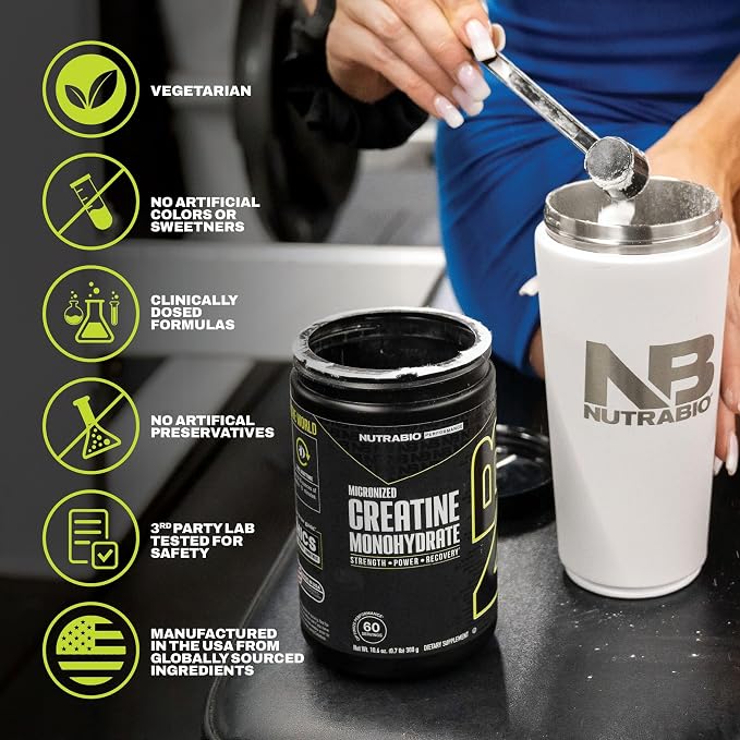 NutraBio Pure Micronized Creatine Monohydrate Powder Supplement, Unflavored, (300 g) - Supports Bulk Muscle Energy, Recovery, and Strength - HPLC Tested Creatine Powder Supplement for Men and Women