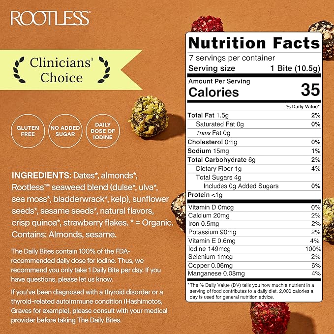 Rootless Seaweed Daily Bites – Double Strawberry – 1 Week Trial Pack for Hormone & Thyroid Health | 100% Daily Iodine, Whole Food Ingredients, No Added Sugar (7 Bites)