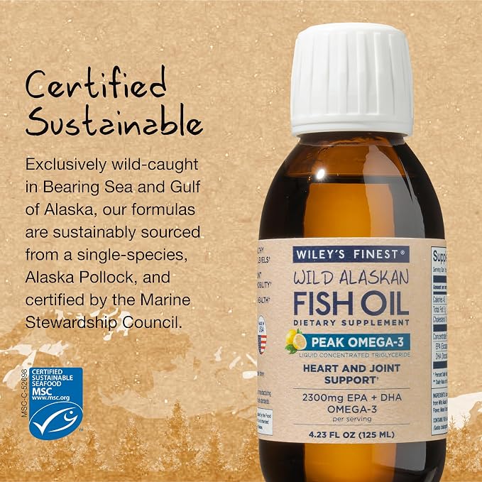 Wiley's Finest Wild Alaskan Fish Oil Peak Omega-3 Liquid Supplement - 2300mg EPA and DHA Omega-3s - Lemon Flavor - 4.23 Oz (25 Servings)