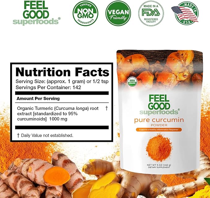 FEEL GOOD Superfoods Pure Curcumin Powder, Organic, Non-GMO, Vegan from Bulk Ground Turmeric Root from India, Curcuma Longa Joint Supplement, 5 oz
