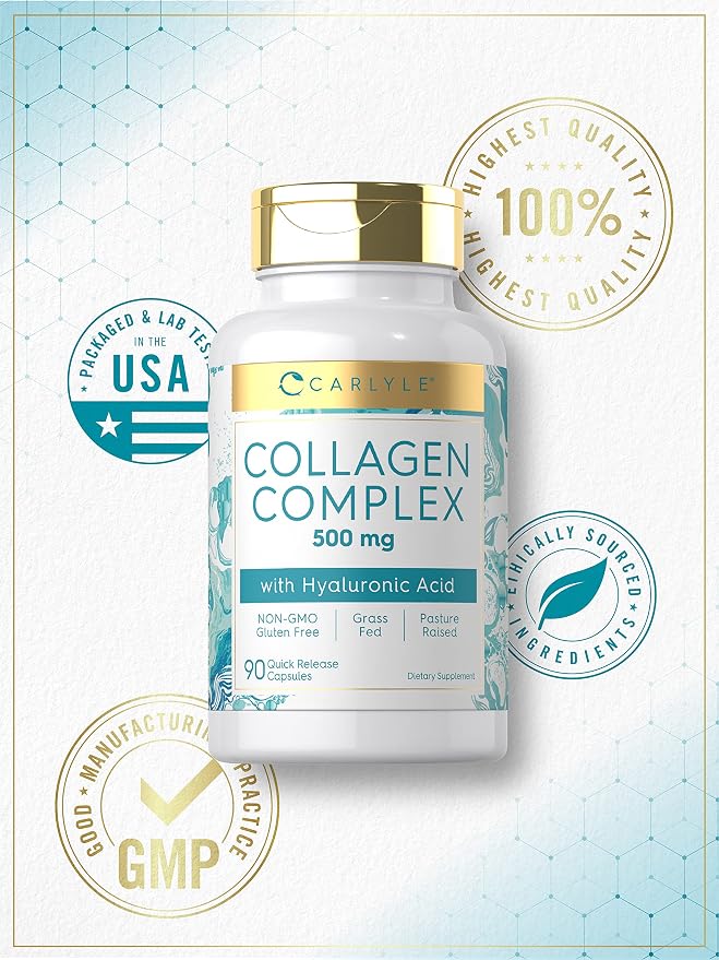 Carlyle Collagen Pills with Hyaluronic Acid | 500mg | 90 Capsules | Hydrolyzed Collagen Type 1 and 3 | Non-GMO, Gluten Free Supplement
