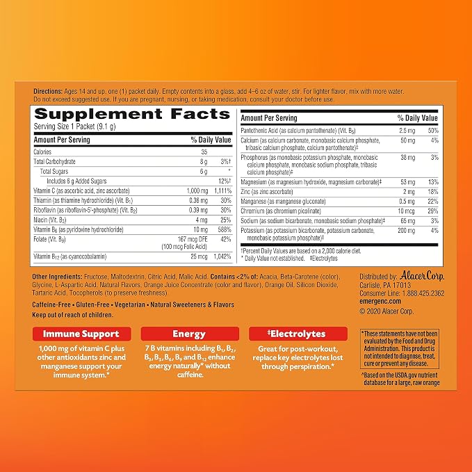 Emergen-C 1000mg Vitamin C Powder for Daily Immune Support Caffeine Free Vitamin C Supplements with Zinc and Manganese, B Vitamins and Electrolytes, Super Orange Flavor - 90 Count/3 Month Supply