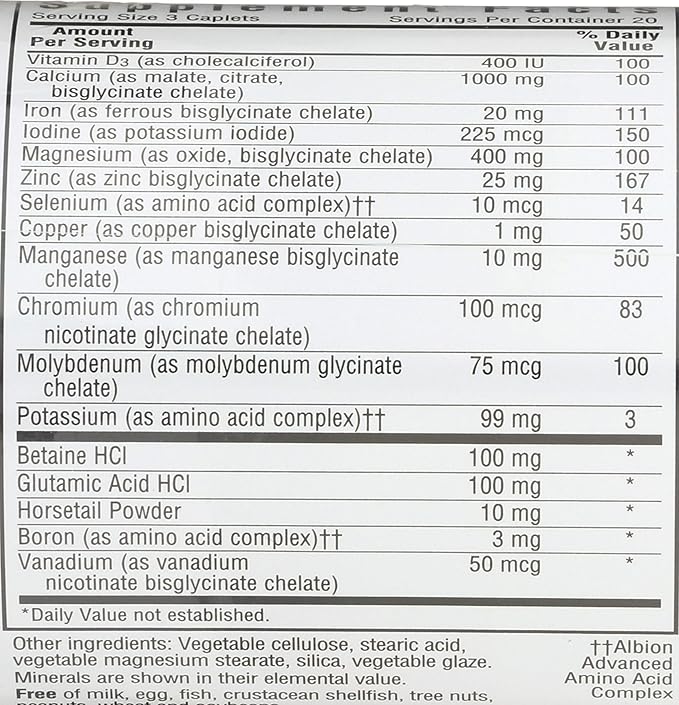 Bluebonnet Nutrition High Potency Chelated Multiminerals, Albion Chelated Minerals, Soy-Free, Gluten-Free, Non-GMO, Kosher Certified, Dairy-Free, 60 Caplets, 20 Servings