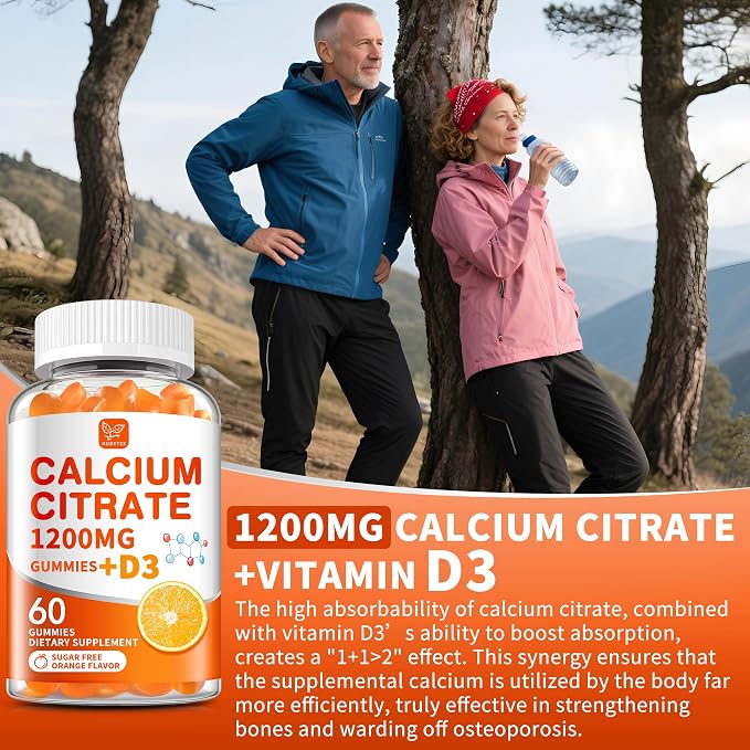 (2 Pack) Calcium Citrate 1200 mg with Vitamin D3 Gummies for Women & Men,Calcium Supplements for Bone & Teeth Support,High Absorption - Easy to Digest, Sugar Free,Vegan,Orange Flavor,60 Day Supply