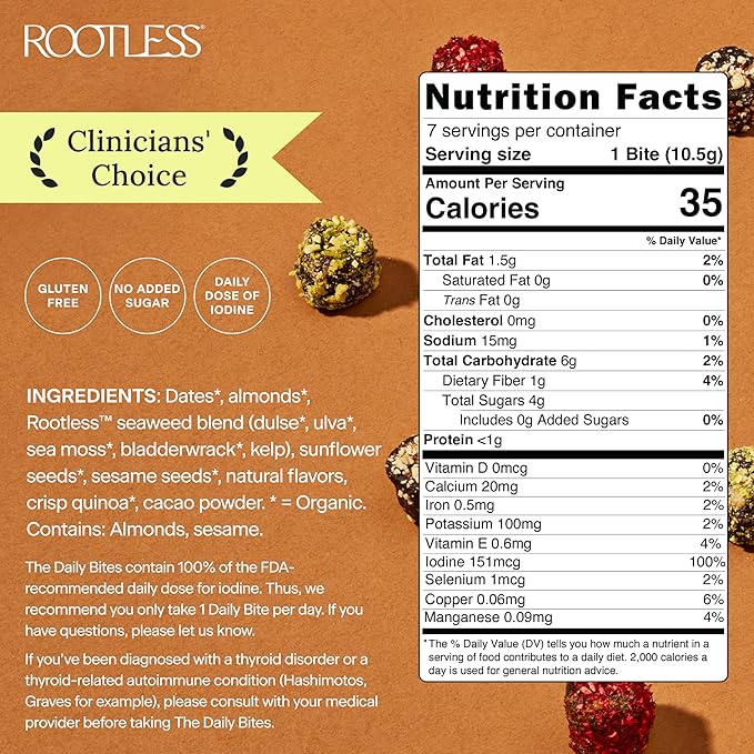 Rootless Seaweed Daily Bites – Cacao Crunch & Coconut Chai – 2 Week Supply for Hormone & Thyroid Health | 100% Daily Iodine, Whole Food Ingredients – 2 Pack