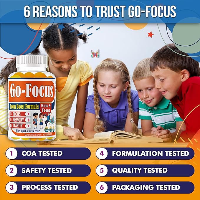 BrightKids Brain Supplements for Memory and Focus, Omega 3 & DHA Focus Gummies for Kids, Memory Booster Focus Supplement for Kids & Teens- Low-Sugar, Natural Fruit Flavor 60 Gummies