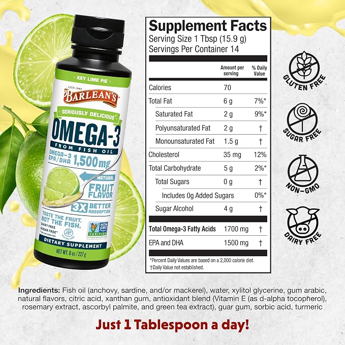 Barlean's Omega 3 Fish Oil Liquid Supplement for Men and Women, 1500mg of EPA and DHA Fatty Acid, Promotes Brain & Heart Health - Non-GMO, Key Lime Pie, 8 oz