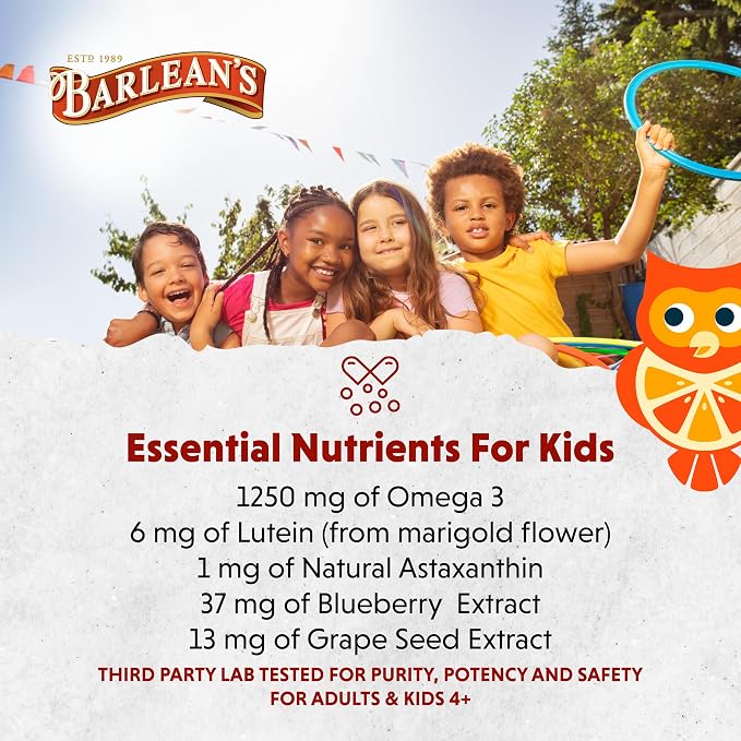 Barlean's Omega Pals Eye Health Liquid, Tangerine Flavored Omega 3 for Kids, Fish Oil Supplement with 500 mg of EPA & DHA Plus Lutein & Zeaxanthin Vitamins for Blue Light Support, 8 oz
