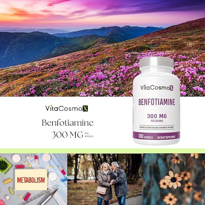 Benfotiamine 300mg, 180 Veggie Capsules, Fat Soluble Vitamin B1, Non-GMO, Gluten-Free, Vegan