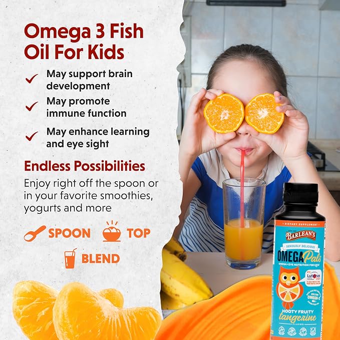 Barlean's Omega 3 Fish Oil Liquid Supplement for Kids, 500 mg of EPA and DHA Fatty Acid for Brain & Eye Health, Hooty Fruity Tangerine, 8 oz, 2 Pack