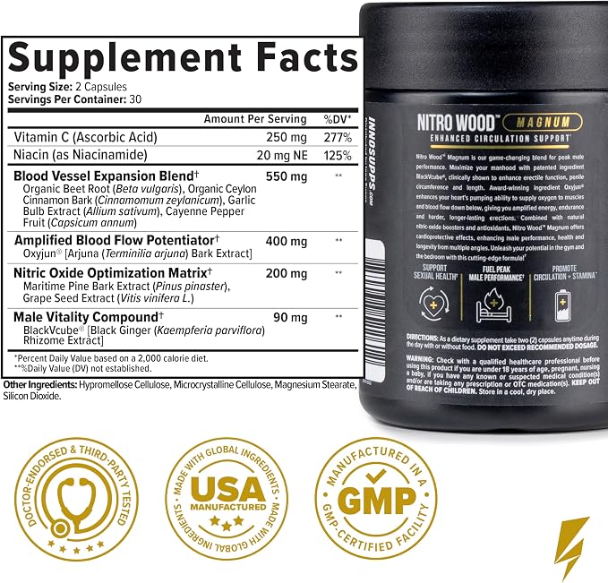 InnoSupps Nitro Wood Magnum – Nitric Oxide Booster for Men – Supports Blood Flow, Circulation & Male Performance – Stamina, Endurance & Size Support – 60 Veg Capsules