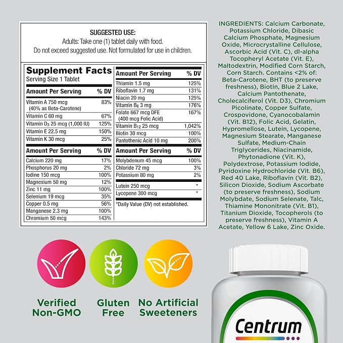 Centrum Silver Multivitamin for Adults 50 Plus, Multivitamin/Multimineral Supplement, Vitamin D3, B Vitamins, Gluten Free, Non-GMO Ingredients, Supports Memory and Cognition in Older Adults - 220 Ct