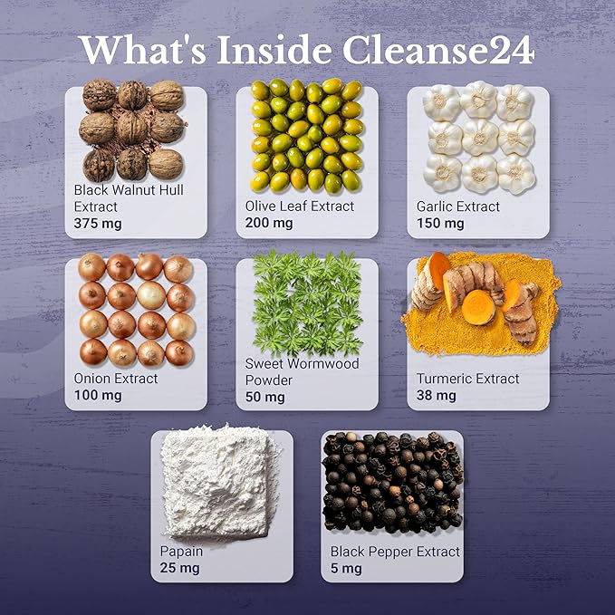 Cleanse24 - Intestinal Cleanse for Humans with Wormwood, Papaya, Black Walnut - Herbal Intestinal Cleanse, Gut Cleanse for Men & Women, 120 Capsules