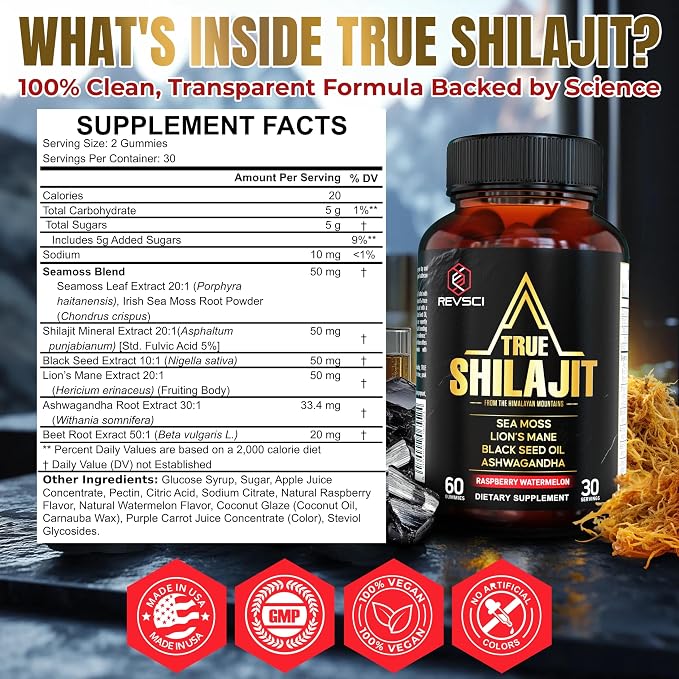 Himalayan Natural Shilajit Gummies for Men – Made in USA, True Gold Pure Himalayan Shilajit for Men Gummies, Energy & Focus Support with Ashwagandha & Sea Moss, Vegan, 60 Count