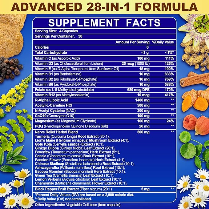 1400MG R Alpha Lipoic Acid, 28-in-1 Stabilized ALA Supplements, Neuropathy Supplements with L-Carnitine, NAC & B-Complex, R-ALA Supplement Antioxidant for Nerve, Brain, Energy丨Vegan, 240 Capsules
