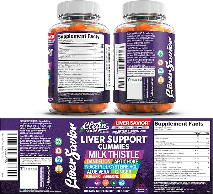 Clean Nutra Liver Cleanse Detox & Repair Gummies | Milk Thistle Gummy Liver Support Vitamins | Dandelion, Artichoke, Aloe Vera, Ginger, Berberine, Lemon, N-Acetyl-L-Cysteine, Turmeric Supplement HCL