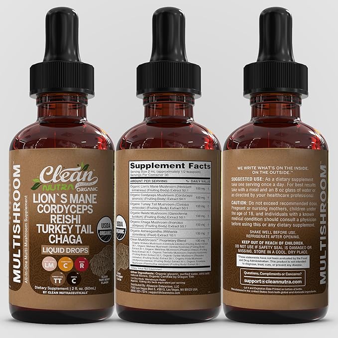 Mushroom Supplement Liquid Drops with Lions Mane Turkey Tail Cordyceps Reishi Chaga Shitake Maitake Tremella Oyster Mushrooms Poria Supplement and Enokitake Mushrooms Complex Blend By Clean Nutra