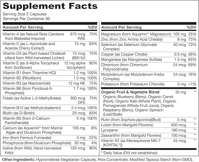 NATURELO Multivitamins for Teenage Girls/Boys, 180 Capsules, Whole Food Multivitamin with Minerals, Non-GMO, Vegetarian