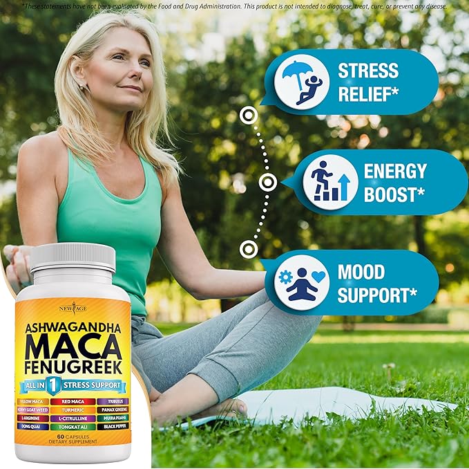 NEW AGE Ashwagandha Maca Root Fenugreek Supplement with Tongkat Ali Ginseng - Support Health - Made in USA - 120 Count