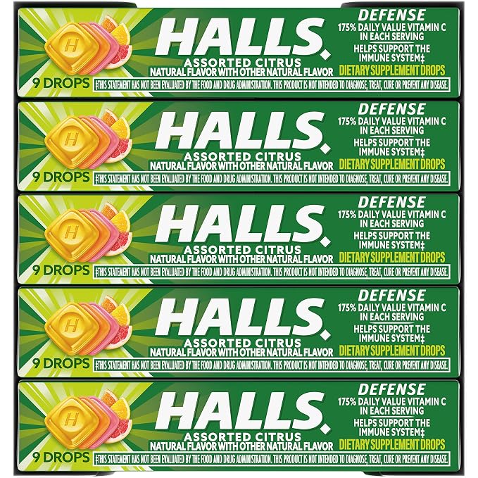 HALLS Defense Assorted Citrus Vitamin C Drops, 20 Sticks of 9 Drops (180 Total Drops)