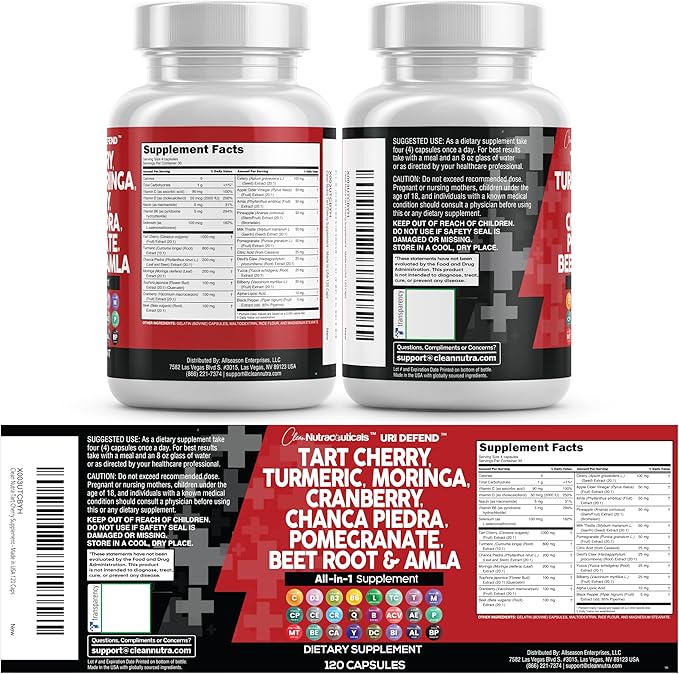 Clean Nutraceuticals Tart Cherry Extract Capsules with Turmeric Moringa Cranberry Chanca Piedra Celery Quercetin ACV Pomegranate L Selenomethionine - Uric Levels - 120 Ct