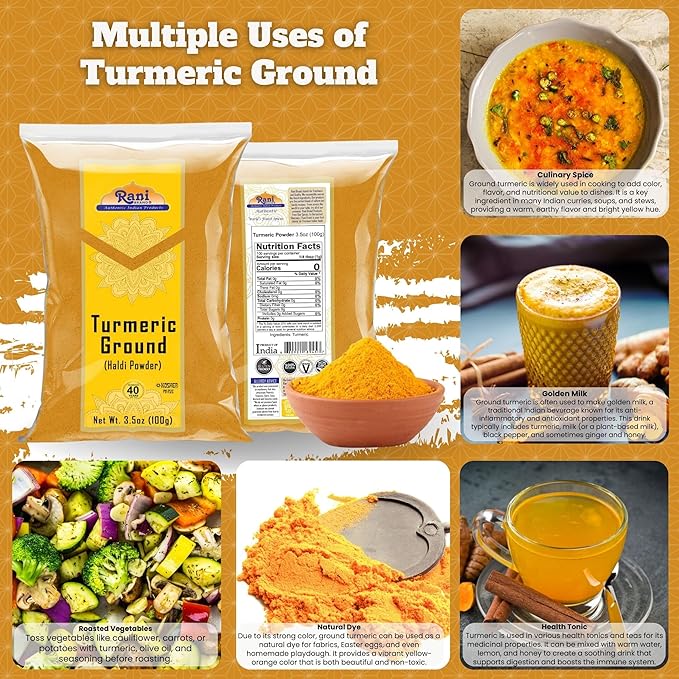 Rani Turmeric (Haldi) Root Powder Spice, (High Curcumin Content) 3.5oz (100g) ~ All Natural | 100% Pure, Salt Free | Vegan | Gluten Friendly | NON-GMO | Kosher | Indian Origin
