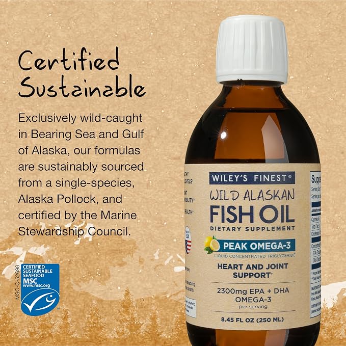 Wiley's Finest Wild Alaskan Fish Oil Peak Omega-3 Liquid Supplement - 2300mg EPA and DHA Omega-3s - Lemon Flavor - 8.45 Oz (50 Servings)