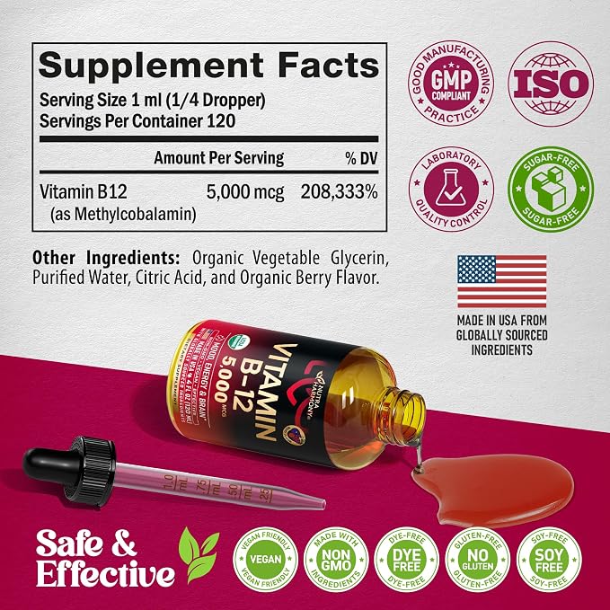 USDA Organic Vitamin B12 Sublingual Drops - 5000 mcg Liquid Vegan Methylcobalamin for Women & Men - Energy Boost, Focus & Mood, Brain Health Support - Maximize Absorption - 4 Month Supply, 4 fl oz