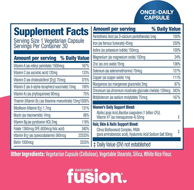 Bariatric Fusion Bariatric Multivitamin with Iron for Women | Hair, Skin and Nails Blend for Hair Loss After Bariatric Surgery & GLP-1 | 30 Capsules | 1 Month Supply