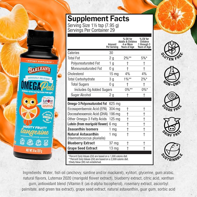 Barlean's Omega 3 Fish Oil Liquid Supplement for Kids, 500 mg of EPA and DHA Fatty Acid for Brain & Eye Health, Hooty Fruity Tangerine, 8 oz, 2 Pack