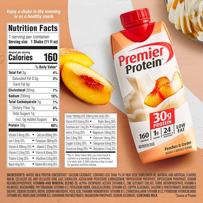 Premier Protein Shake, Peaches & Cream, 30g Protein, No Added Sugar, 24 Vitamins & Minerals to Support Immune Health, 11 fl oz, 12 Pack (Packaging May Vary)