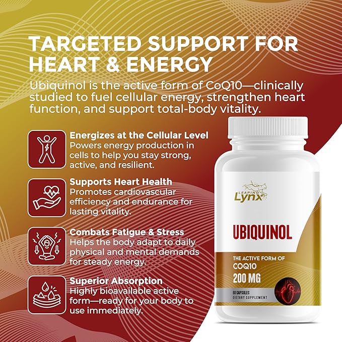 Ubiquinol CoQ10 200mg – High Absorption Active Coenzyme Q10 Supplement for Heart Health, Energy & Cellular Vitality | 60 Capsules, 60-Day Supply | Bioavailable Antioxidant Formula | Non-GMO