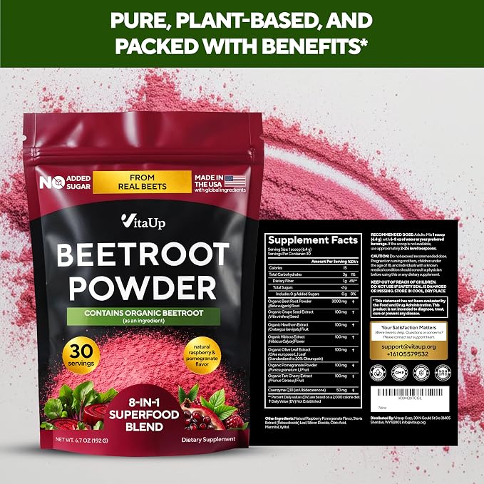 VitaUp Beet Root Powder 8 in 1 – USA Made Beets Powder Supplements with Grape Seed, Hawthorn, Coq10 – with Organic Beetroot for Normal Circulation & Energy Support – 30 Serving