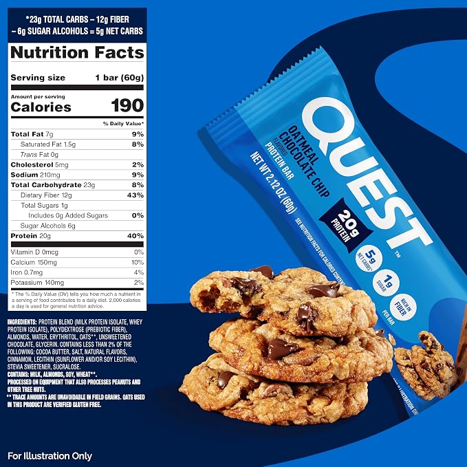 Quest Nutrition Oatmeal Chocolate Chip Protein Bars, 20g Protein, 1g Sugar, 5g Net Carb, Gluten Free, Keto Friendly, 12 Count