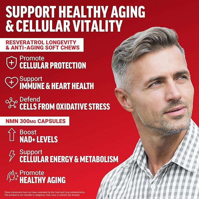 Resveratrol , Mixed Berry, 60 Soft Chews + NMN Supplement, Nicotinamide Mononucleotide to Support Healthy Aging and Energy Metabolism, Boosts NAD+ Levels, No Gelatin, Non-GMO, 30 Vegetable Capsules