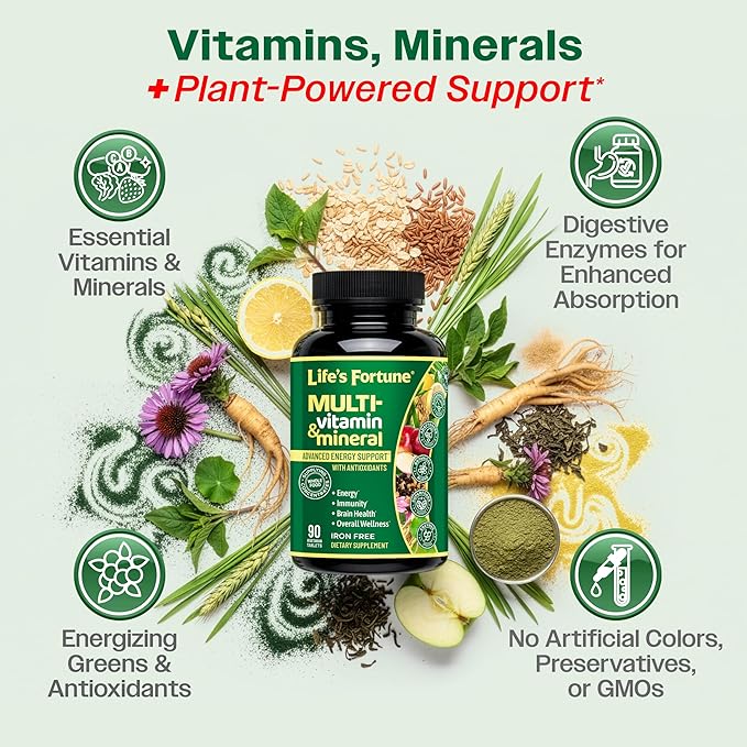 Life's Fortune Whole Food Multivitamin & Mineral Supplement for Men & Women – Energy Support Vitamins for Immune, Brain & Metabolism Support – Iron Free, 90 Vegetarian Tablets