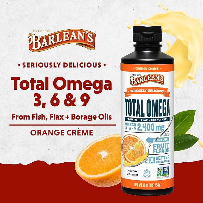 Barlean's Total Omega 3 6 9 Liquid Fish Oil Supplement with Borage and Flaxseed Oil, Orange Crème, 2,400 mg of EPA, DHA and GLA Fatty Acids, 16 oz