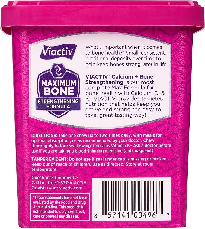 Viactiv Calcium + Vitamin D Supplement Soft Chews for Women & Men - Chewable Calcium for Bone Health Support, 650 mg per Serving, Vitamin D & K for High Absorption - 60 Count, Caramel