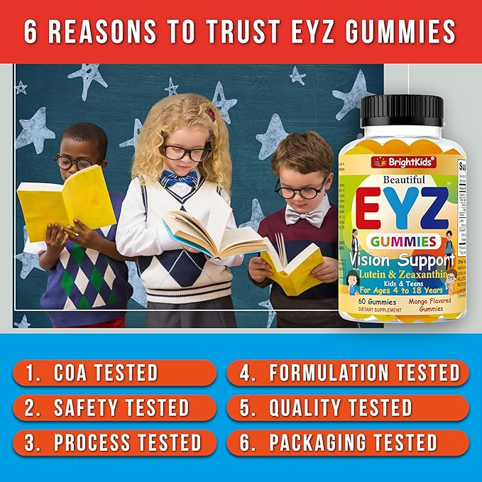 BrightKids Eye Health Gummies for Kids & Teens – Lutein & Zeaxanthin Vision Support – Vegan, Non-GMO Eye Vitamins for Screen Time – Tasty Mango Flavor – 60 Gummies