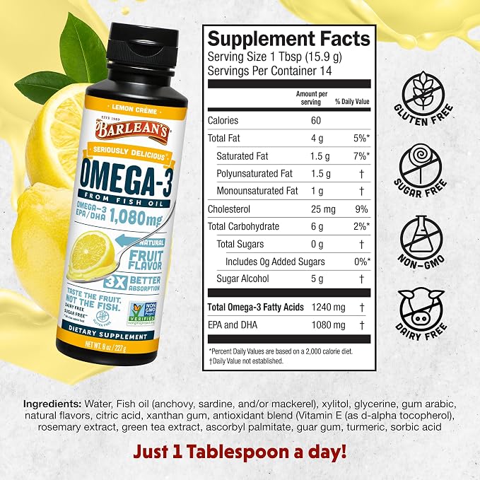 Barlean's Omega 3 Fish Oil Liquid Supplement for Men and Women, 1080mg of EPA and DHA Fatty Acid, Promotes Brain & Heart Health - Non-GMO, Lemon Crème, 8 oz