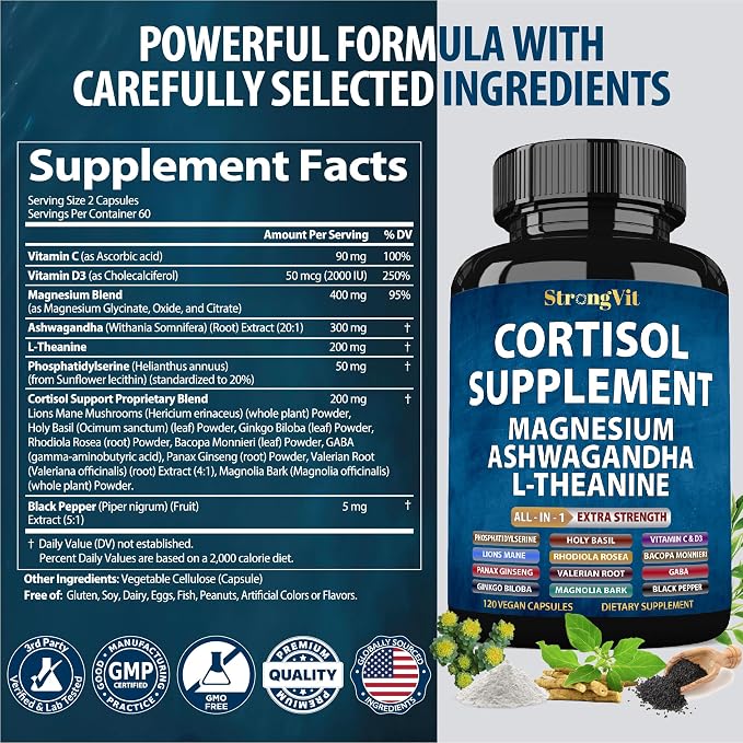 StrongVit Cortisol Supplements for Women and Men with Magnesium, Ashwagandha & L-Theanine. High Cortisol Reducer, Manager, Detox, Lower and Control. Sleep Support & Stress Relief, USA (120 Capsules)