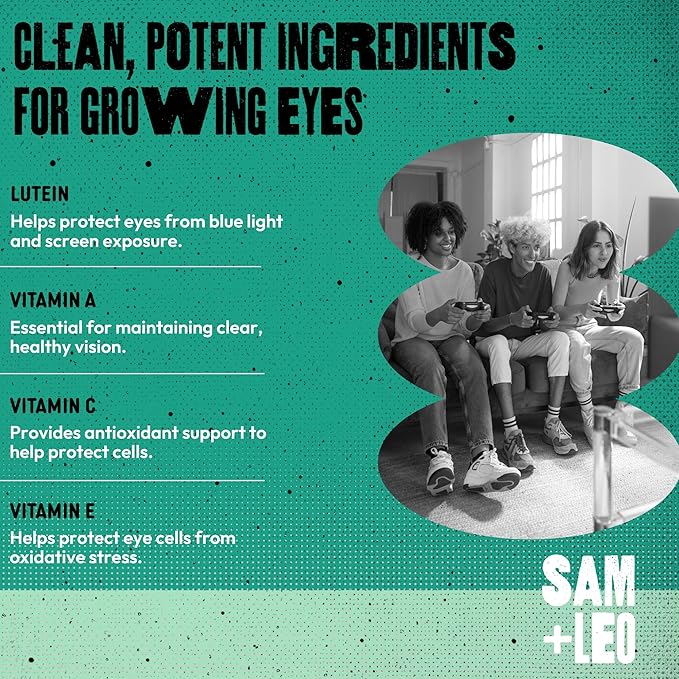SAM+LEO Eye Vitamin Gummies with Lutein & Zeaxanthin for Kids & Teens - Eye & Vision Health Support Supplement Gummies + Vitamins A, E, & C | Vegan & Gluten Free Supplement - Orange Flavor (60 ct)