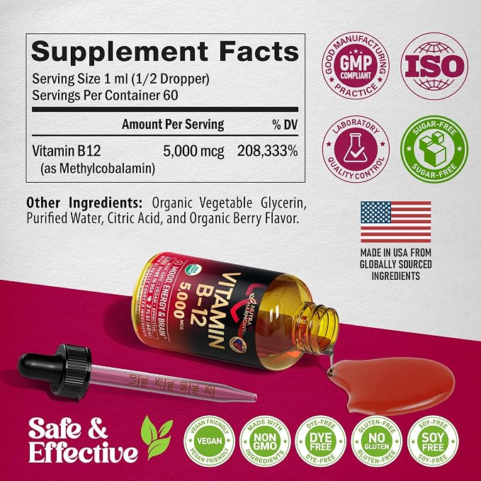 USDA Organic Vitamin B12 Sublingual Drops - 5000 mcg Liquid Vegan Methylcobalamin for Women & Men - Energy Boost, Focus & Mood, Brain Health Support - Maximize Absorption - 2 Month Supply, 2 fl oz